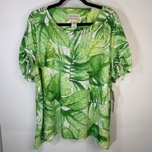 Alfred Dunner Womens 2X Green Tropical Leaf Vacation Cruise Scoop Neck Top NWT
